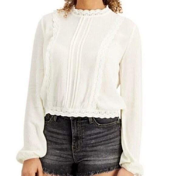 New Self Esteem Junior's Pleated Lace Trim Blouse White XS, L - Picture 3 of 6